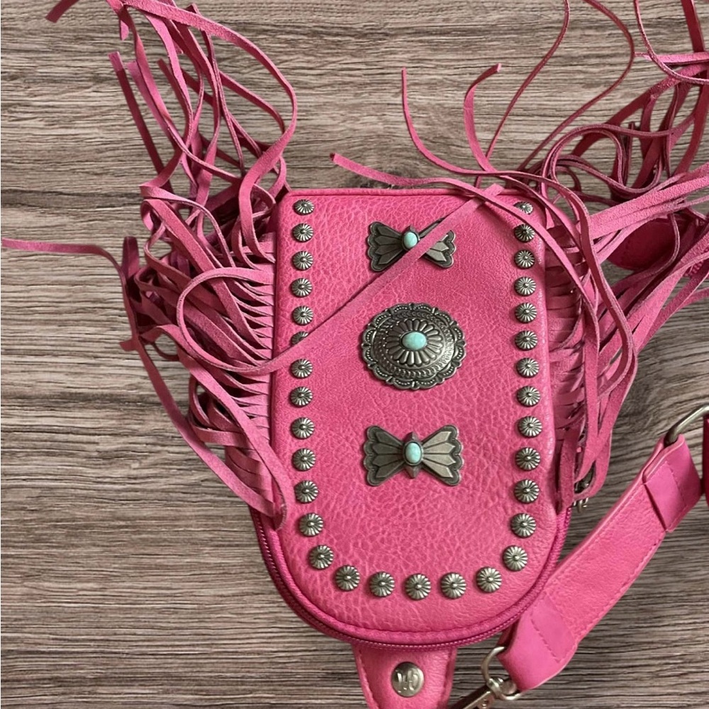 Pink Leather Fringe Crossbody Bag with Silver Accents